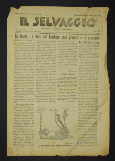 Flipping through a few pages of "Il Selvaggio", "Annual supporter subscription 20 Lire - Newspaper letters arts and sciences", we find, in the dossier of 23 March 1925, bottom center an engraving by the artist Mino Maccari, who ironically describes the Ho