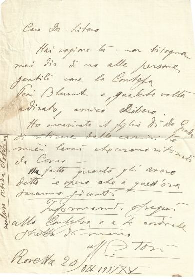 Arturo Tosi, Autograph Letter by Tosi - Manuscript