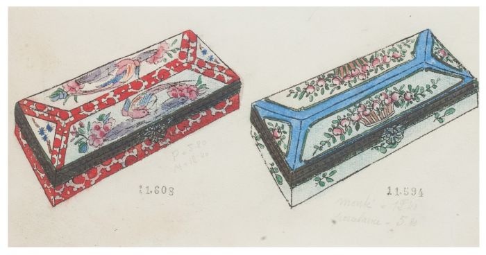 "Porcelain Boxe" 1890s  is an original China ink and watercolor drawing on ivory-colorated paper by Anonymous Artist of XIX Century.