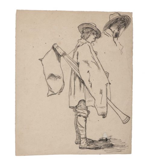"Bassoon Player"  is an original black China ink and pencil drawing on ivory-colorated paper  by Anonymous Artist of XIX Century.