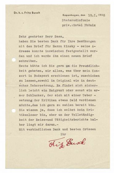 Typewritten Autograph Letter by Fritz Busch - Original Manuscripts