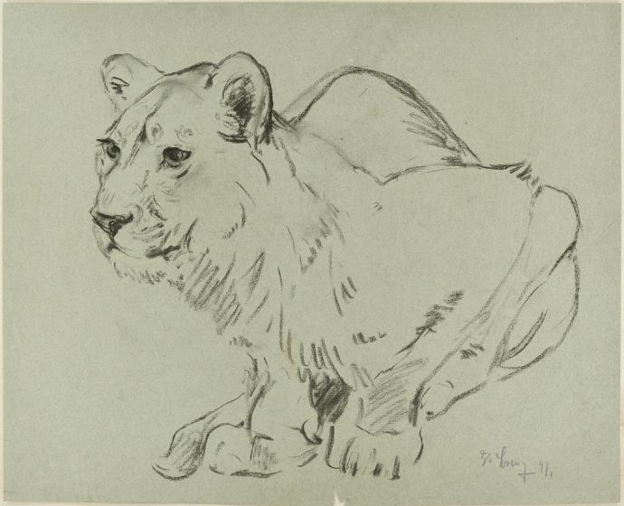 Crouched Lioness and Rubbits by Wilhelm Lorenz- Modern Artwork