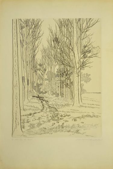 Landscape is an original drawing in etching technique on ivory-colored paper, realized by Ronald Brudieux.