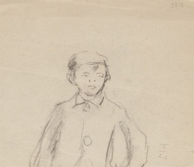 "Portrait" is an original drawing in tempera on paper, realized by an Anonymous French Artist of the XX Century .  (FRONT OF THE DRAWING)