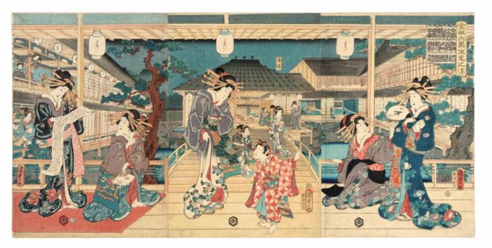 Bijin and Children on a Porch with Lanterns