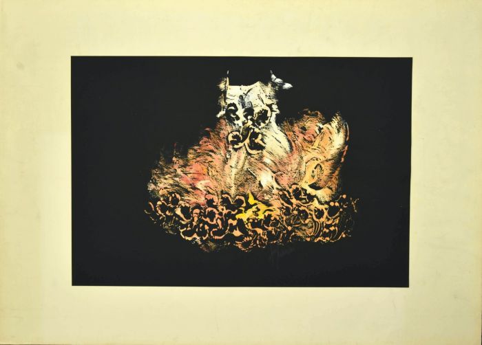 "Feline Head"  is an original mixed media drawing on ivory-colorated paper by Anonymous Artist of XX Century.